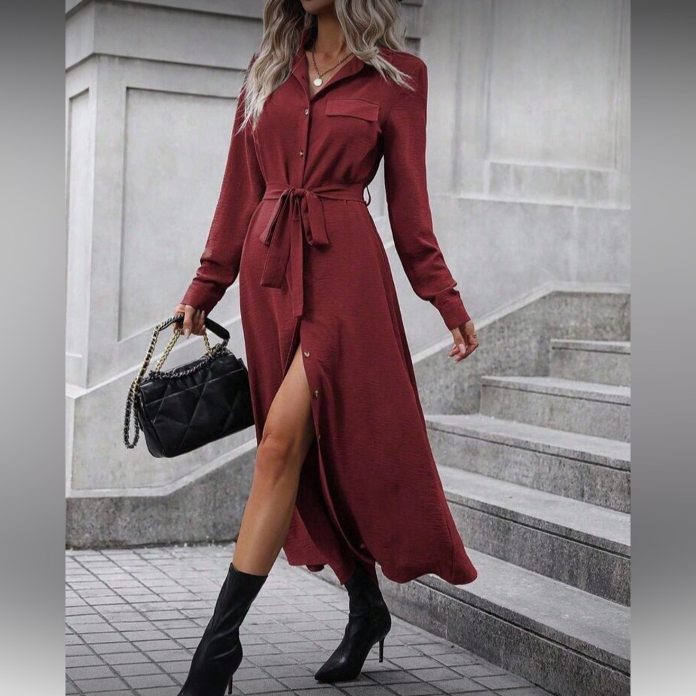 Elegant Burgundy Button-Down Maxi Dress